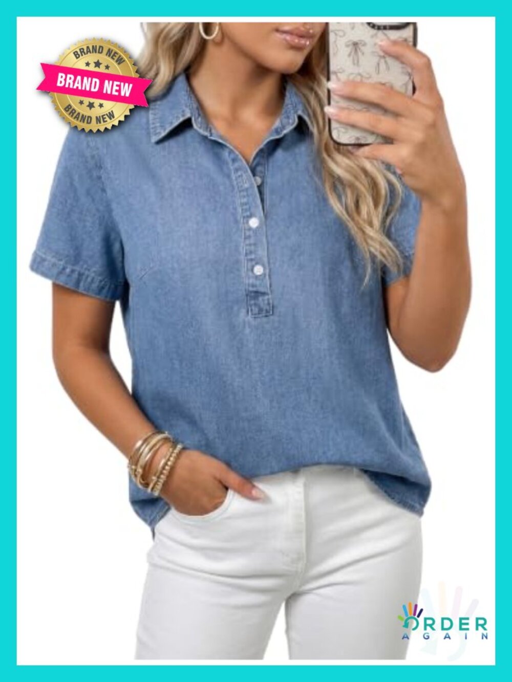 Women's Short Sleeve Button Down Denim Shirt Collar Casual Blouse